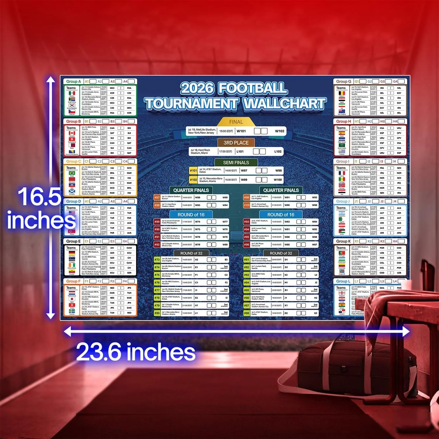 2026 World Cup Soccer Schedule Poster 16.5″ x 23.6″ – PVC Dry Erase Match Calend