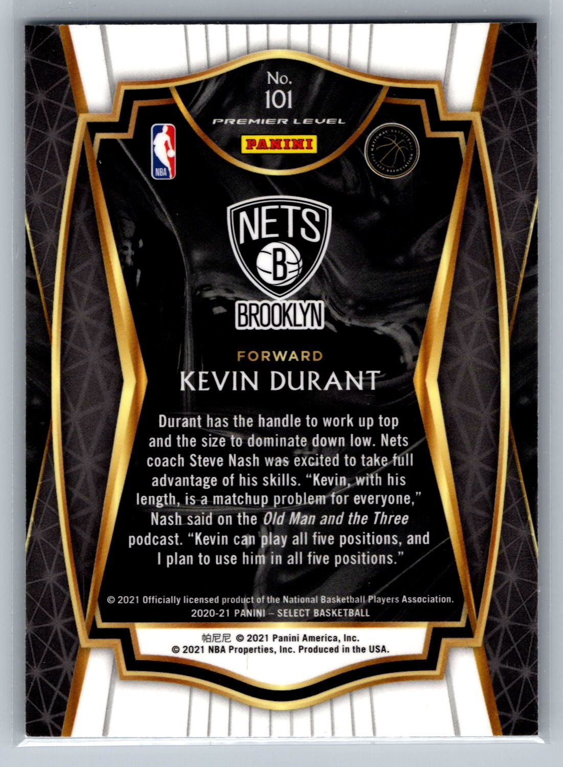 Kevin Durant 2020-21 Panini Select Blue Retail BASKETBALL #101 Brooklyn Nets