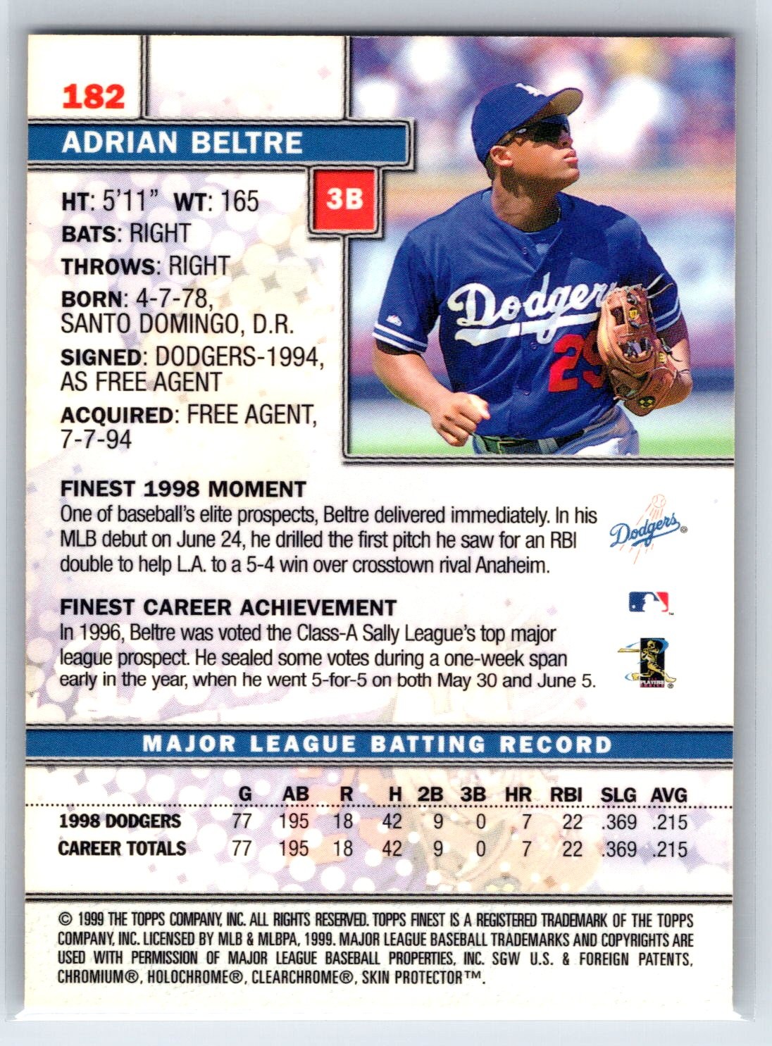 1999 Topps Finest Adrian Beltre Los Angeles Dodgers #182