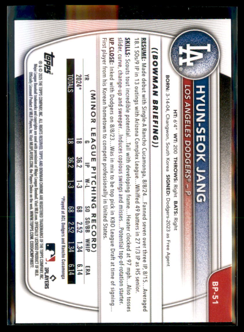 2025 Bowman Prospect Paper Hyuneok Jang Los Angeles Dodgers #BP-51 5 Card Lot