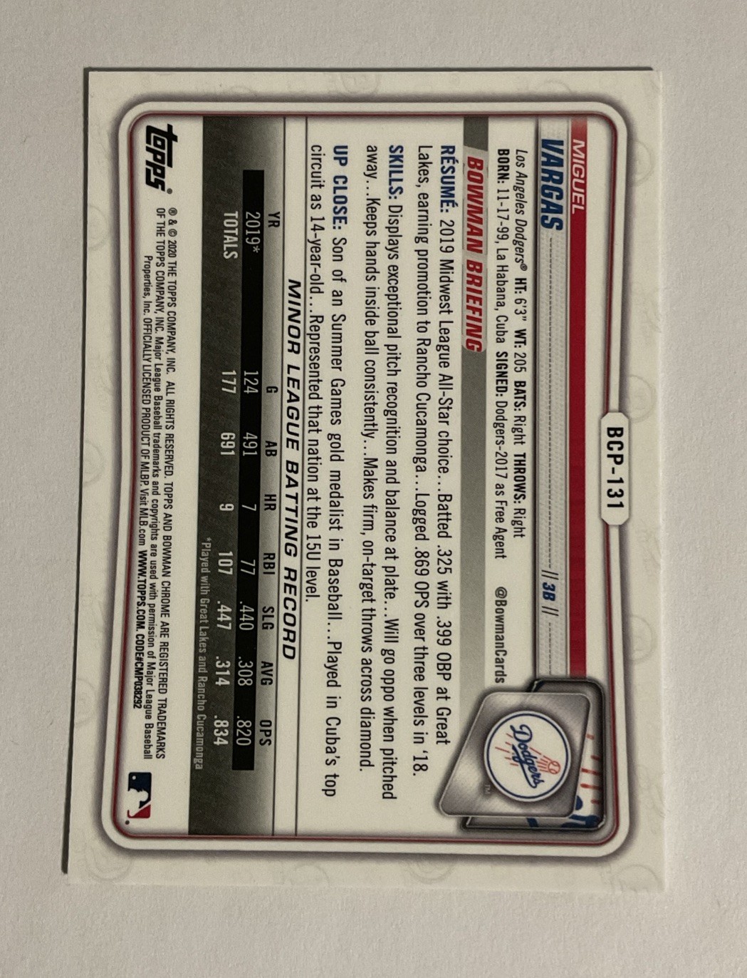 2020 Bowman Chrome Sapphire Miguel Vargas First BCP-131 White Sox
