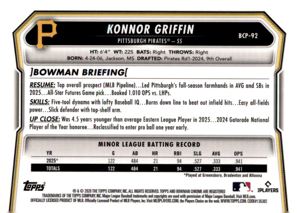2026 Bowman #BCP-92 Konnor Griffin Chrome Prospects