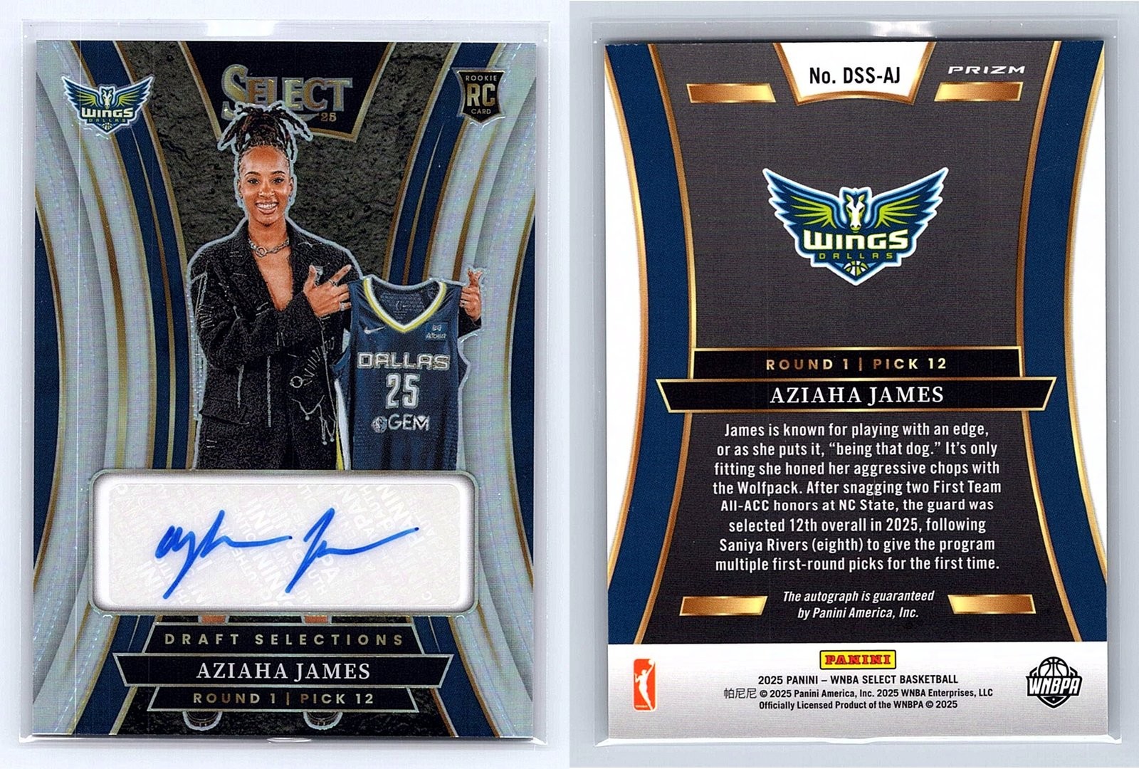 2025 Panini Select WNBA AZIAHA JAMES Draft Selections Signatures RC #DSS-AJ Wing