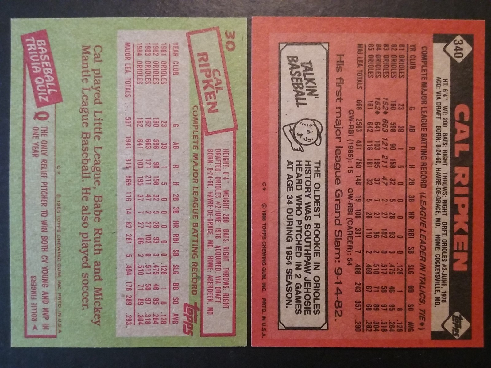 TOPPS BASEBALL LOT OF 4 CAL RIPKEN JR CARDS 1983,84,85,86 NM-MT