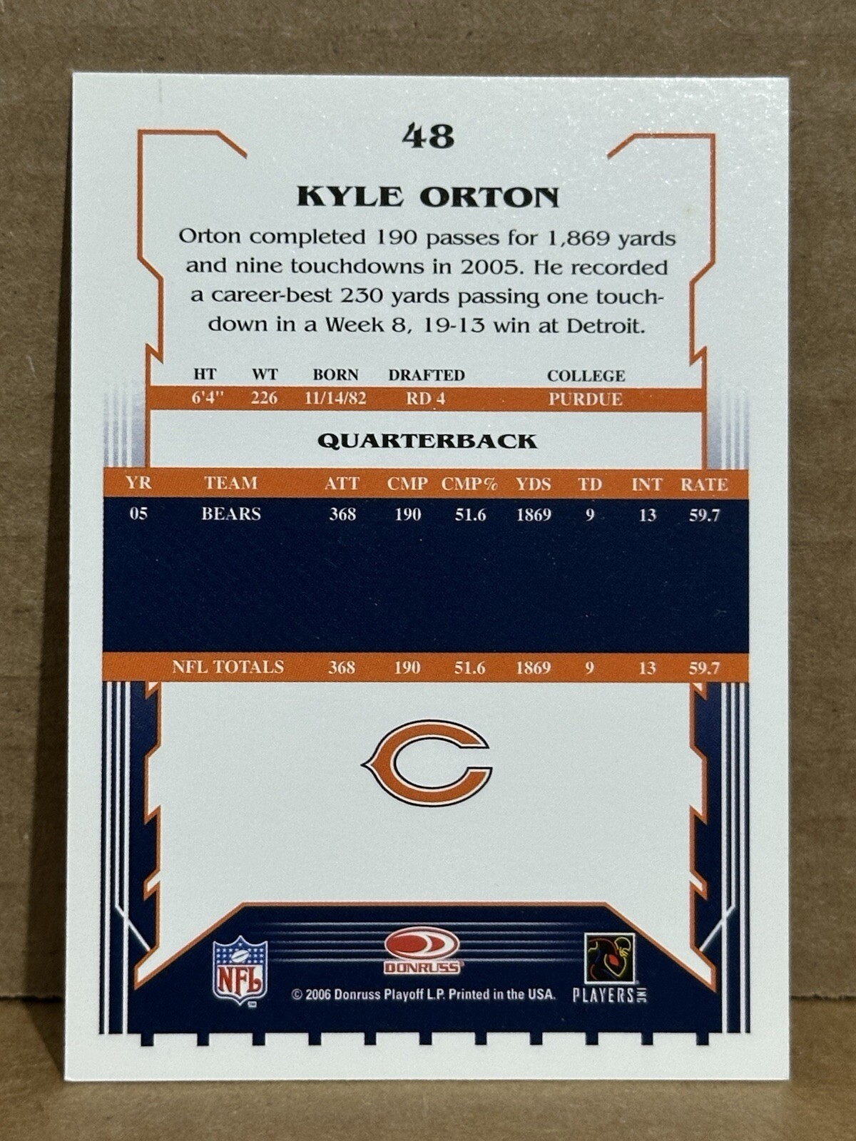 Kyle Orton 2006 Score Super Bowl XLI Embossed Logo #48 SSP 1/1 Masterpiece SP