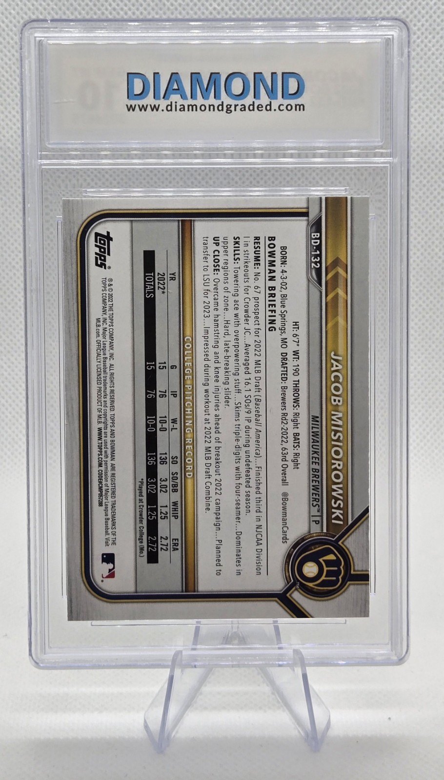 2022 Bowman Draft 1st – Jacob Misiorowski #BD-132 (RC) Diamond GEM MT 10 Graded