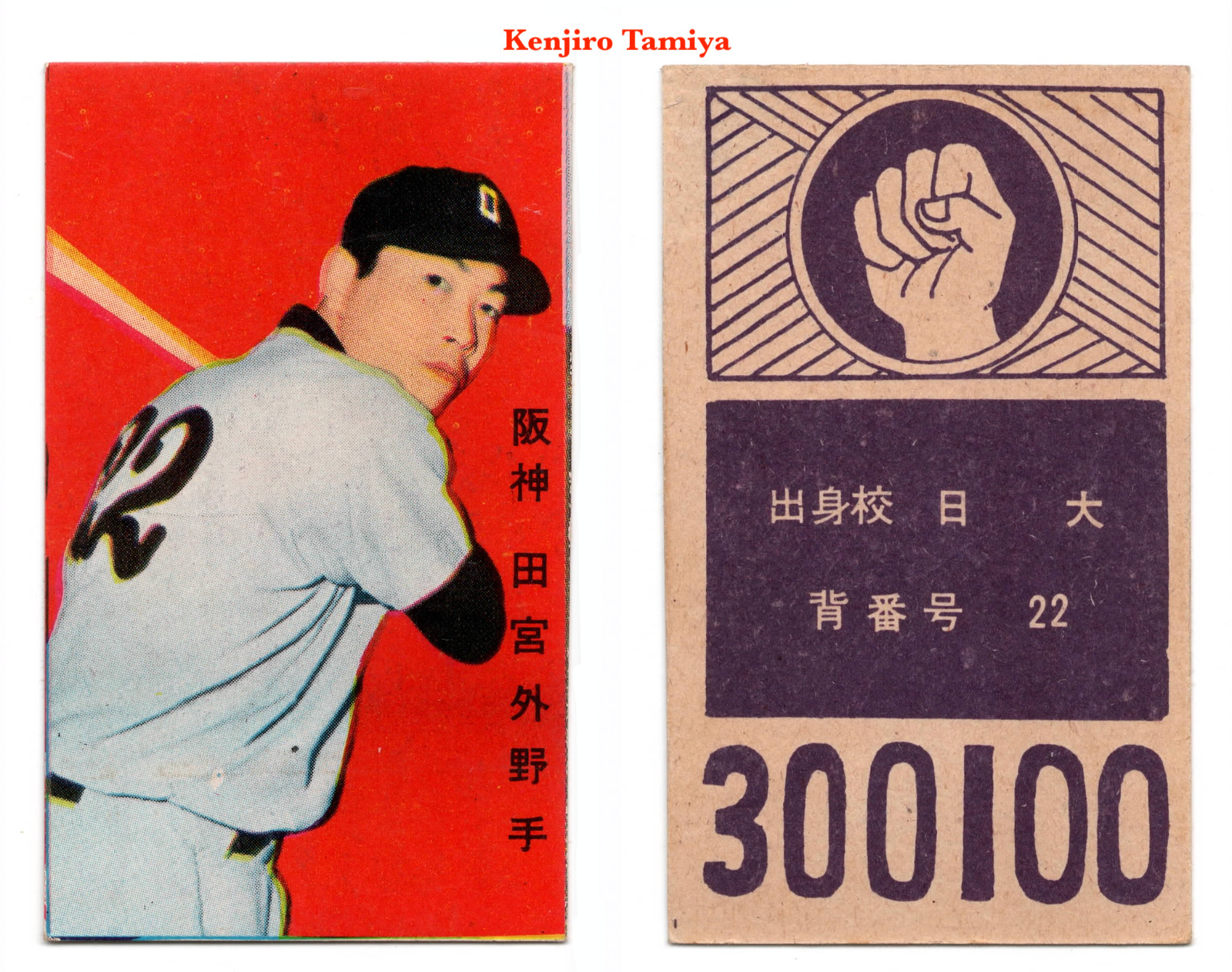 1958 JCM42a ‘Simple Back’ MENKO Baseball Card~ KENJIRO TAMIYA ~Japanese HOFer