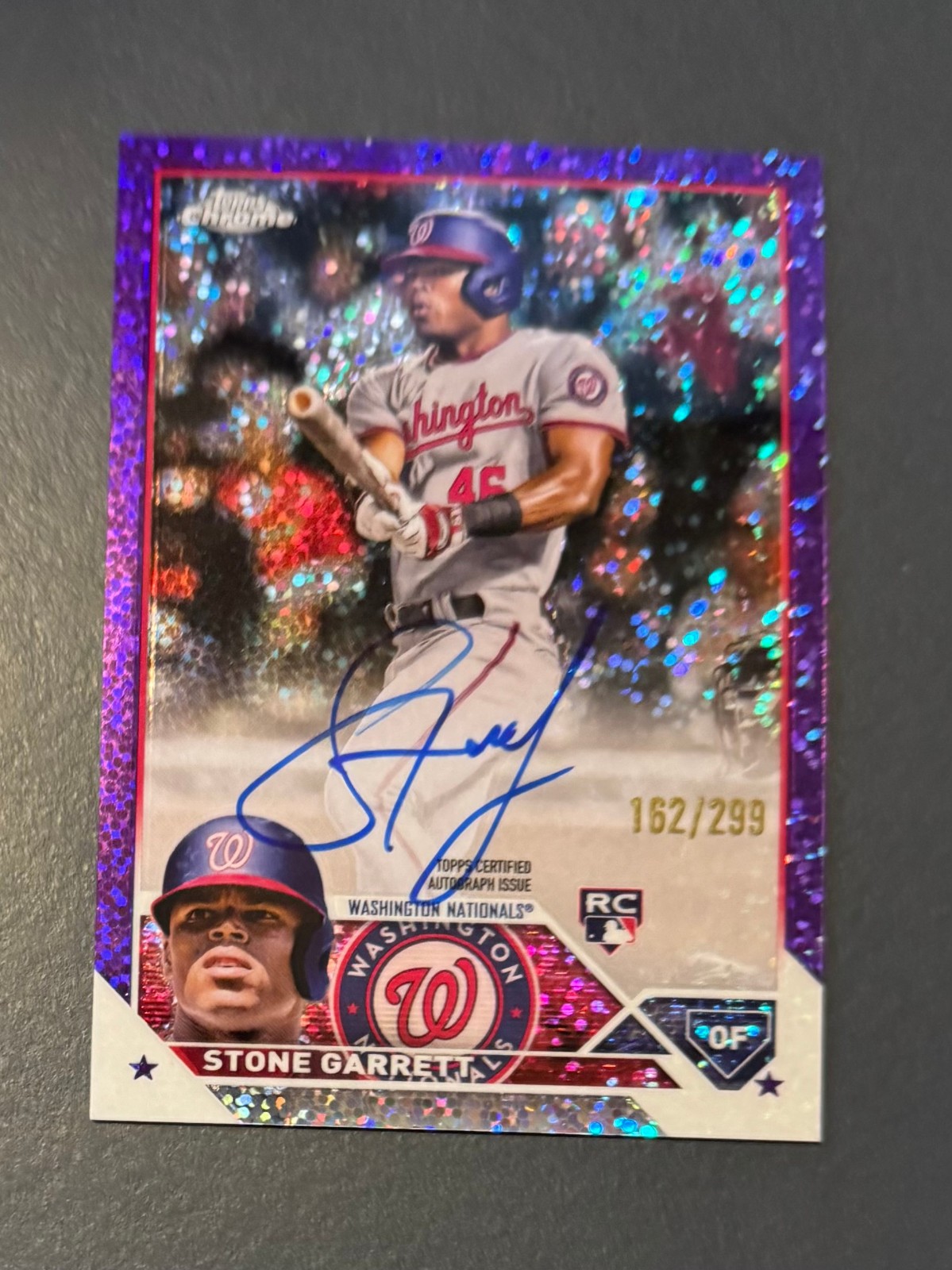 2023 Topps Chrome RC Auto Stone Garrett Purple Speckle Refractor /299 rookie SP