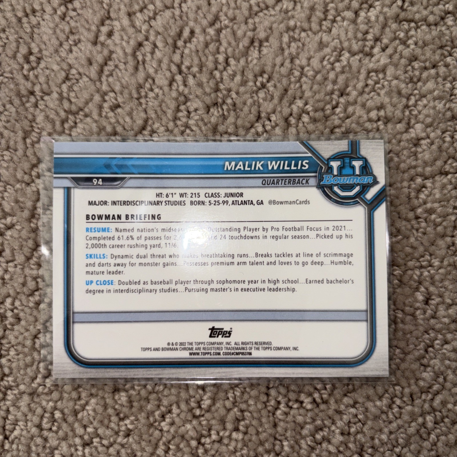 MALIK WILLIS 2021-22 Bowman University Football Purple Refractor #94