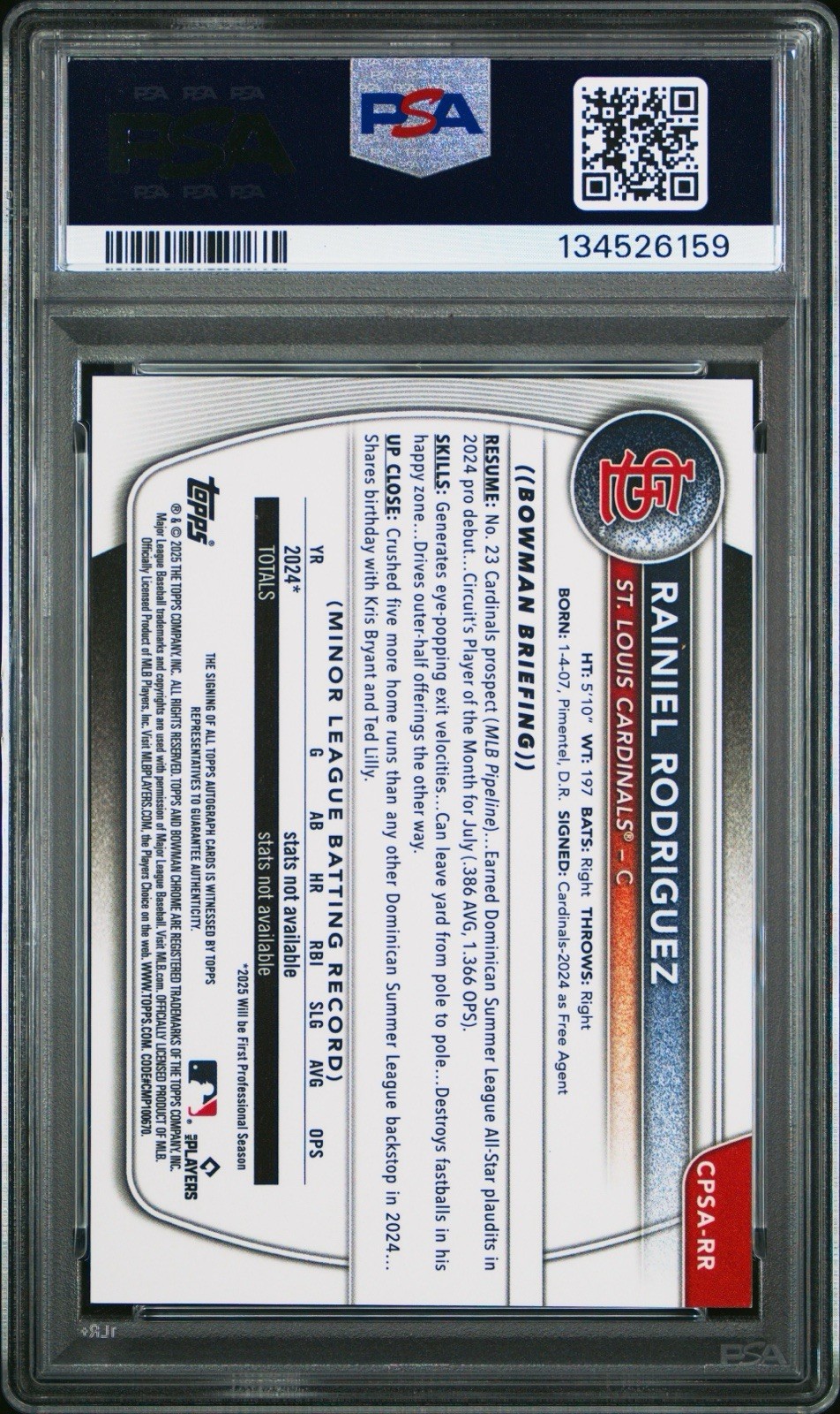 2025 Bowman Chrome Sapphire Rainiel Rodriguez #RR 1st Green Auto /99 PSA 9 MINT