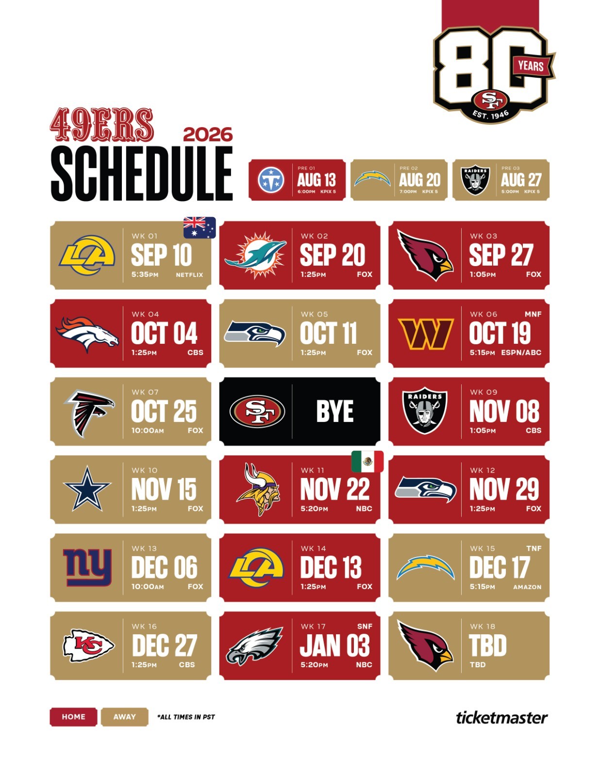 San Francisco 49ers 2026 Schedule Fridge Magnet 8.5 in X 11 in Laminated NFL
