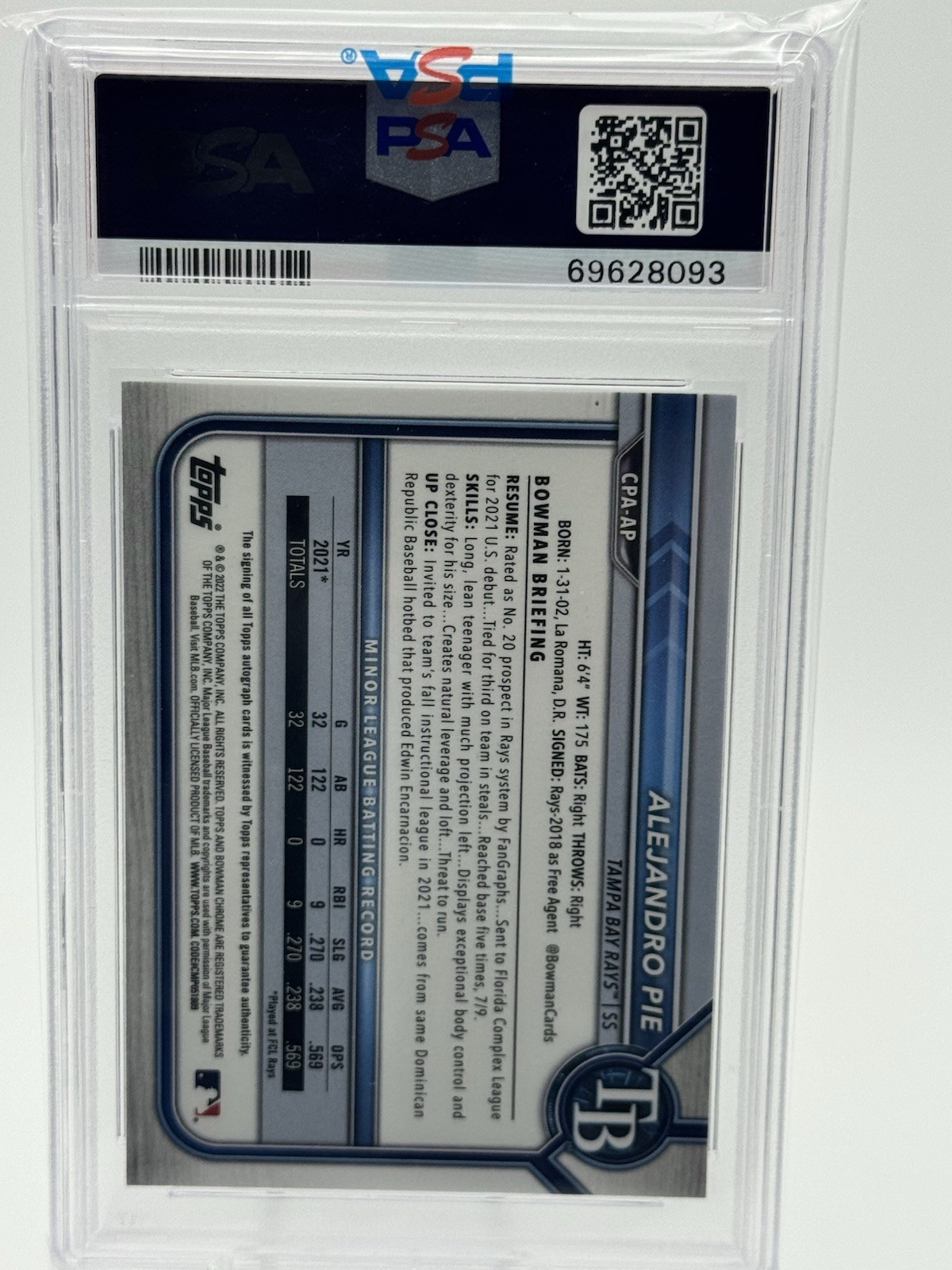 2022 Bowman – Chrome Prospect Autographs Alejandro Pie #CPA-AP Green Shimmer…