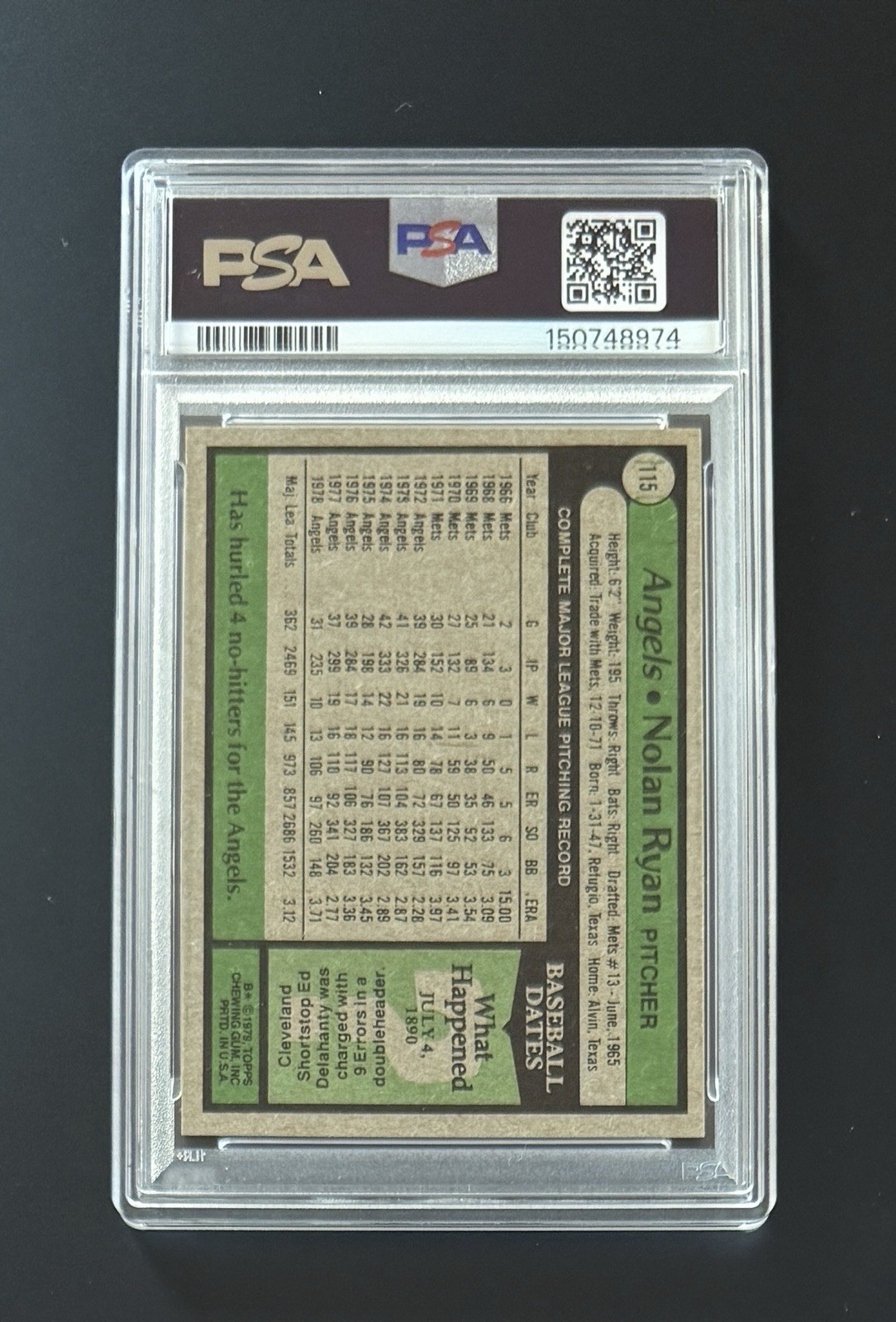 1979 TOPPS NOLAN RYAN HOF PSA GRADED