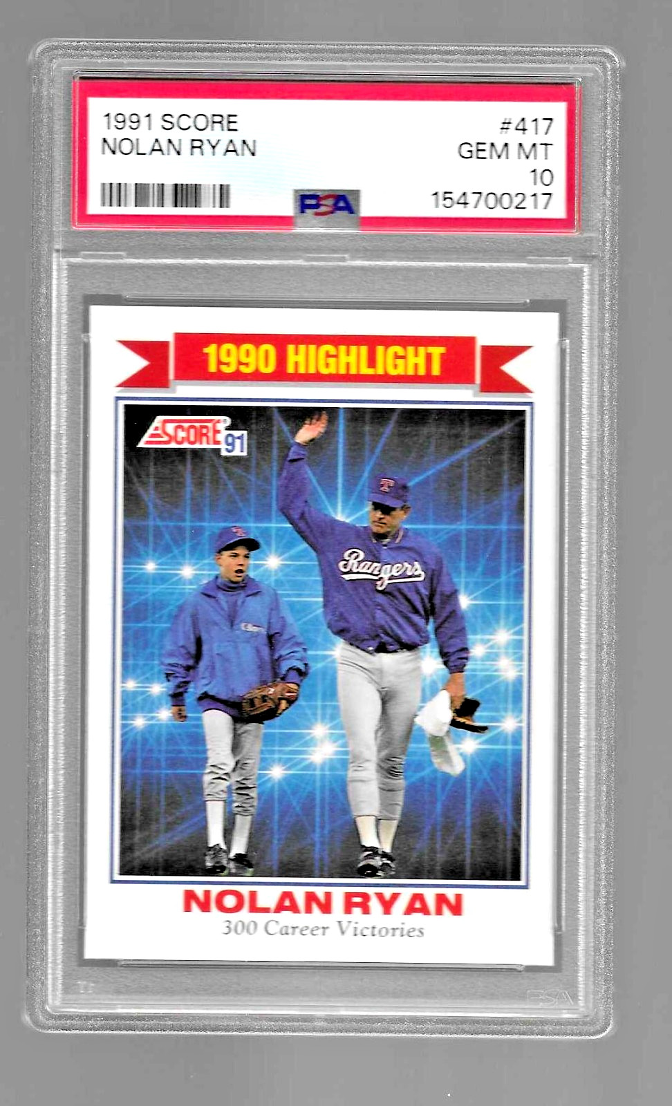 1991 SCORE BASEBALL CARD 417 HOF NOLAN RYAN PSA 10 TEXAS RANGERS 300 CAREER WINS