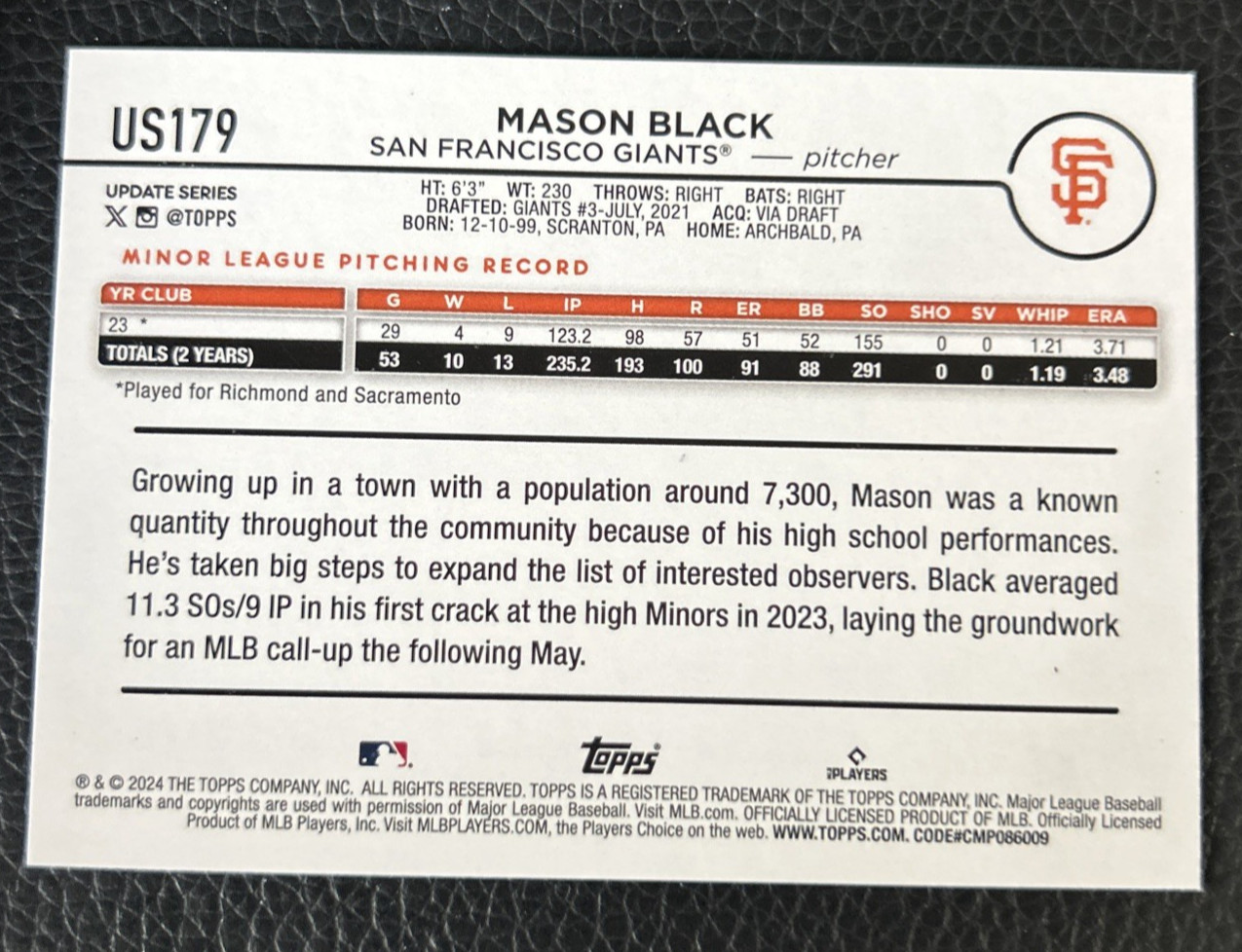 2024 Topps Update Series Mason Black Yellow #US179 RC Giants Rookie