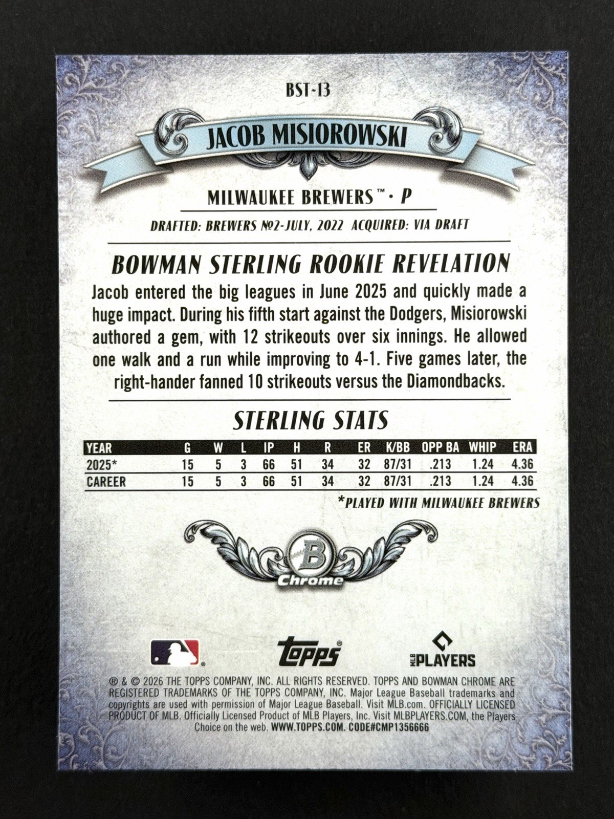 2026 Bowman Chrome #BST-13 Jacob Misiorowski RC Sterling Mojo Refractor Brewers
