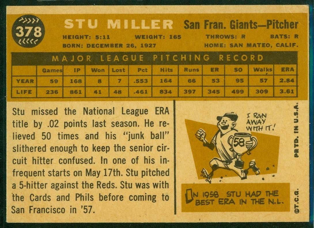 1960 Topps Card #378, Signed-Autographed, Stu Miller, Giants, PSA/DNA w/LOA