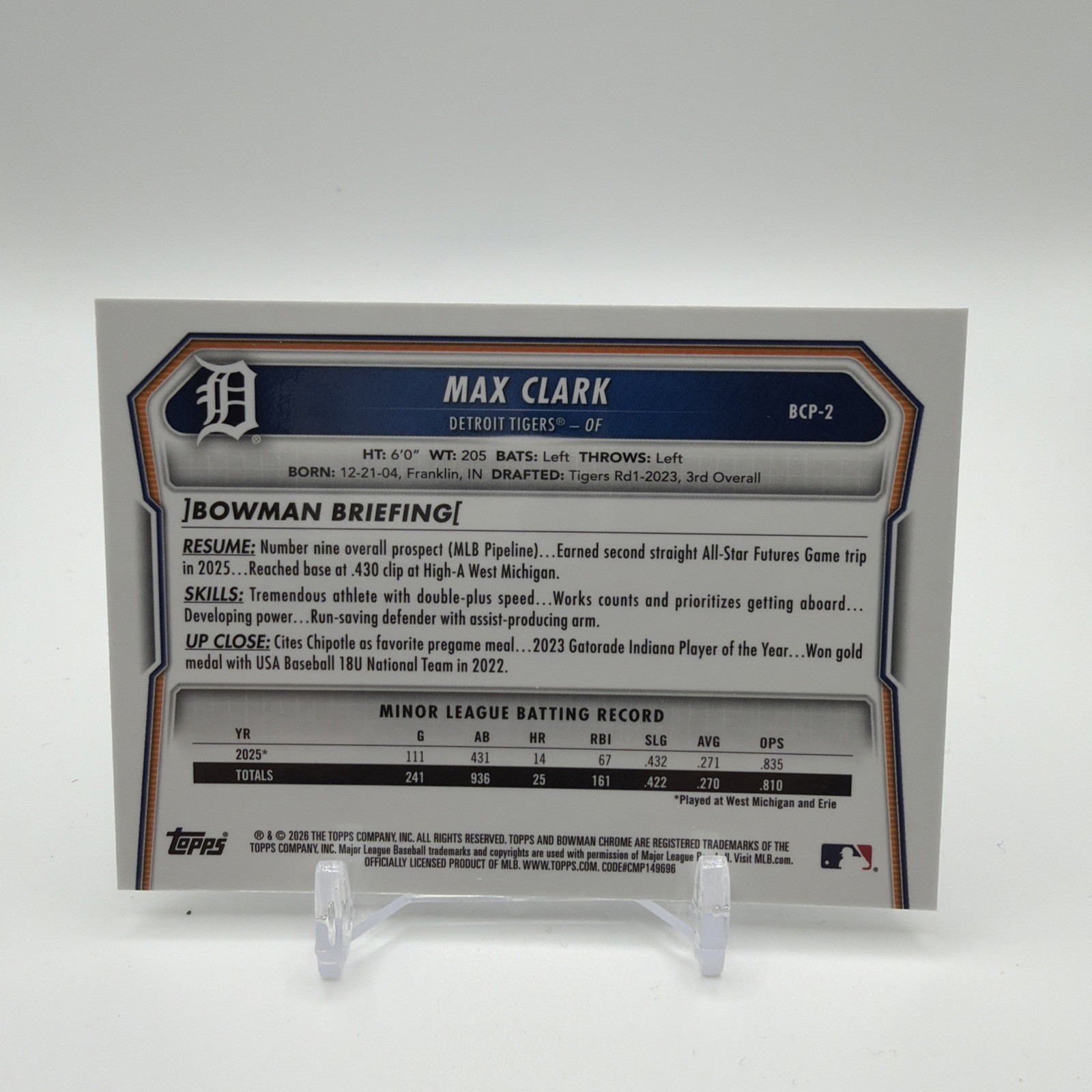 Topps Bowman Chrome 2026 Max Clark Mojo Refractor Detroit Tigers #BCP-2