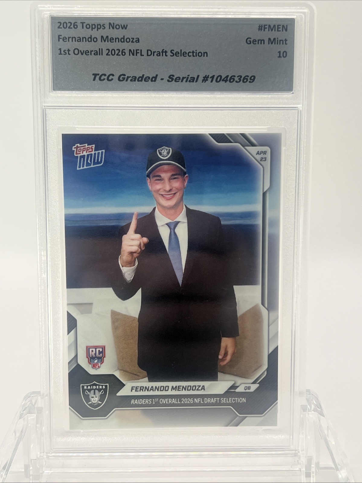 Presale 2026 Topps Now Fernando Mendoza NFL Draft #1 Pick TCC Graded Gem Mint 10