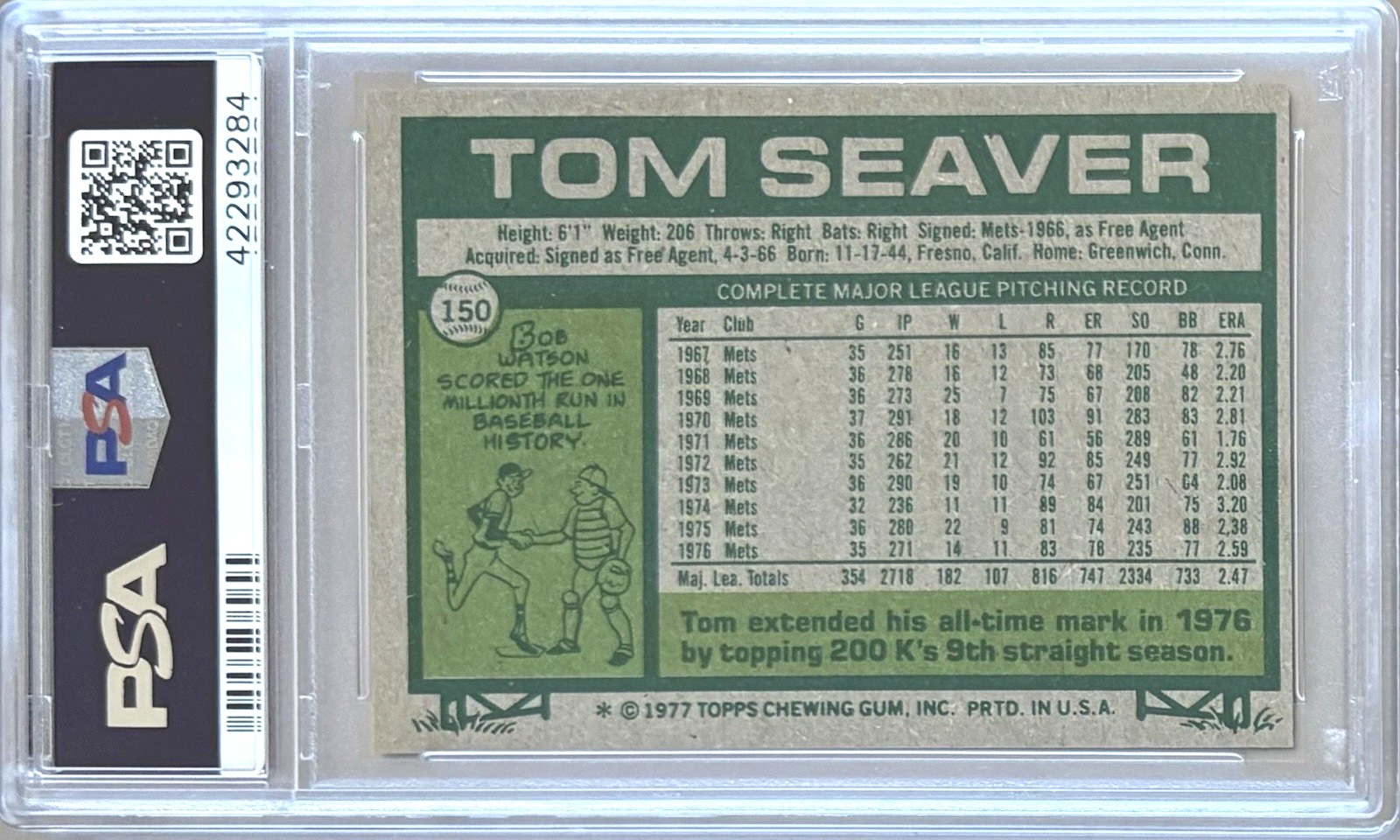 1977 TOPPS #150 TOM SEAVER HOF PSA 5 EX METS