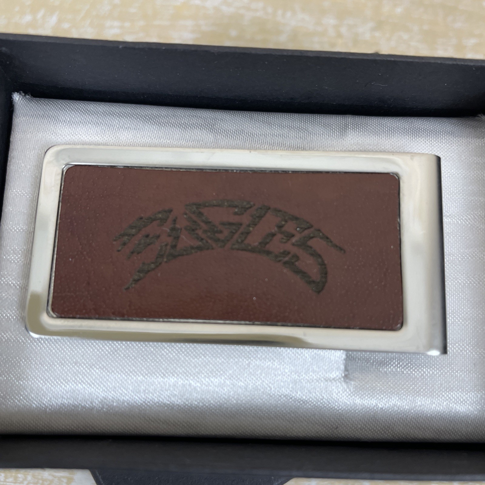 Eagles Money Clip Souvenir 2014 Silver w/Brown Backing Engraved Logo New w/Box