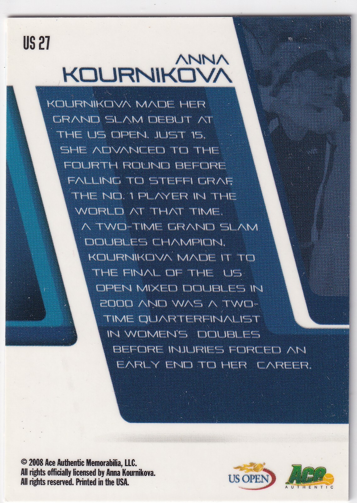 Anna Kournikova 2008 Ace Authentic Legends – US Open Tennis Card US27 (1 CARD)