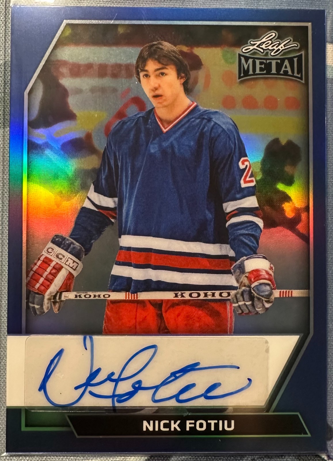 NICK FOTIU 2026 LEAF METAL HOCKEY SP BLUE AUTO #4/5 #BA-NF1 NEW YORK RANGERS!