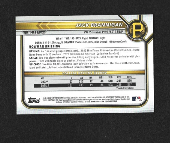 2022 Bowman Draft First Edition Jack Brannigan BD-154 Gold Foil 44/50