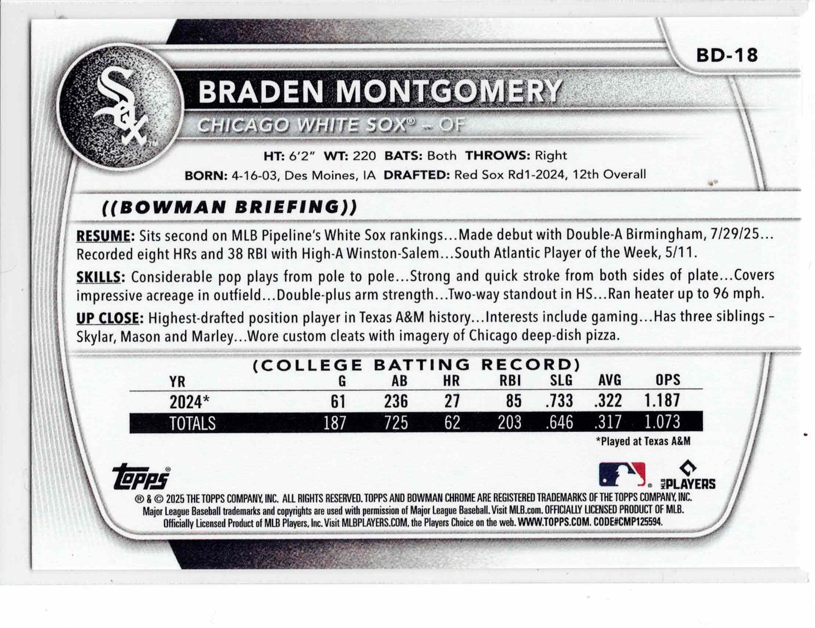 Braden Montgomery Chicago White Sox 2025 Bowman Draft ****