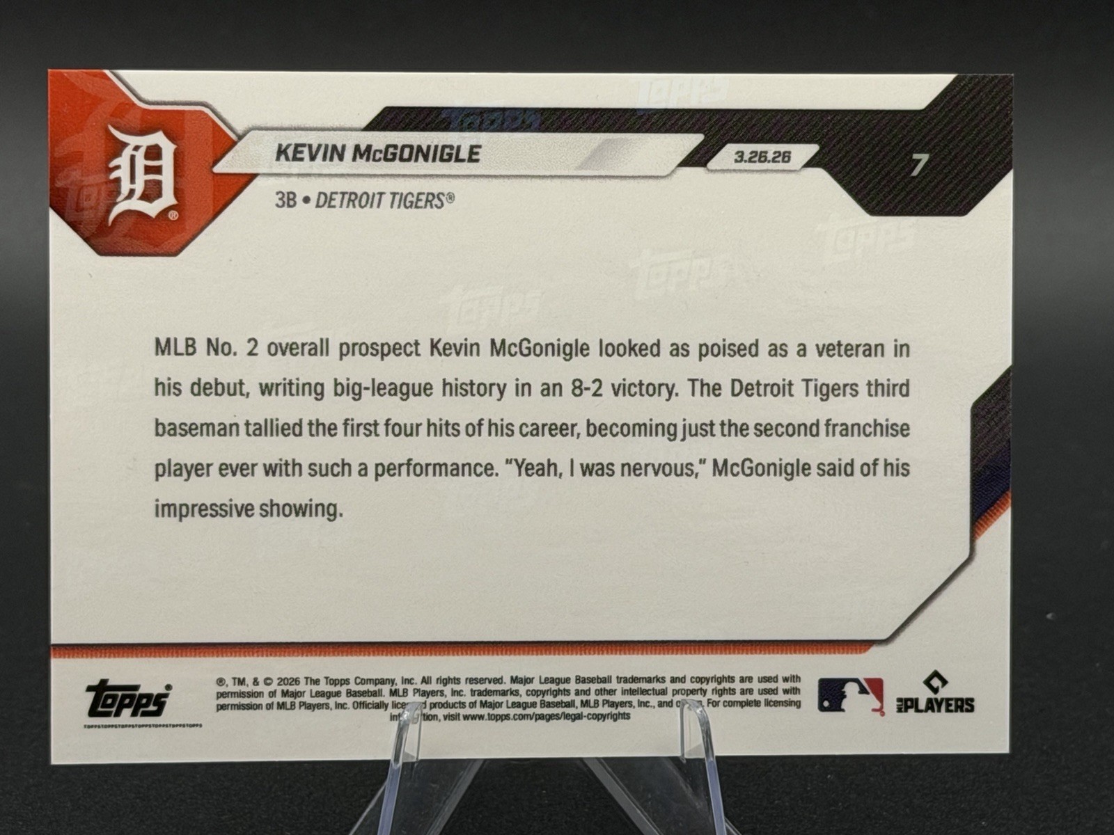 2026 MLB Topps NOW #7 Kevin McGonigle Rookie MLB Debut IN HAND FREE SHIP! Tigers