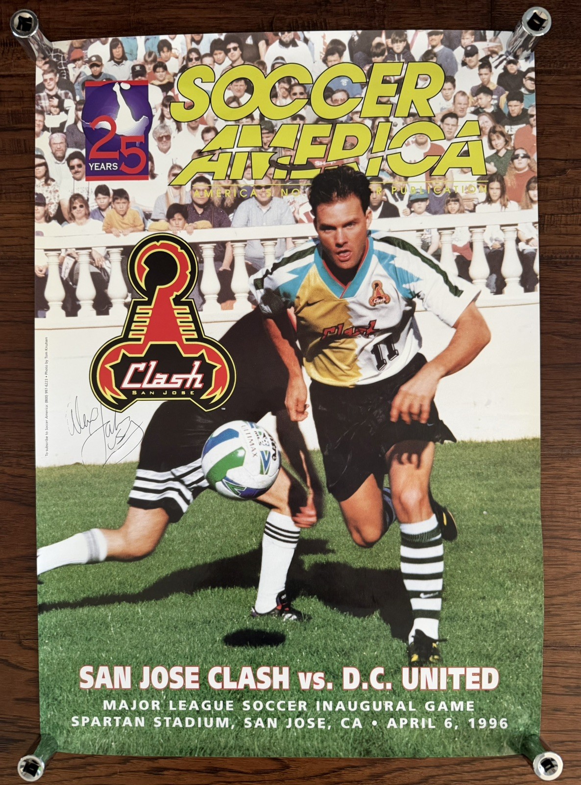 1996 MLS Inaugural Game, Soccer America, SJ Clash poster, signed by Alexi Lalas