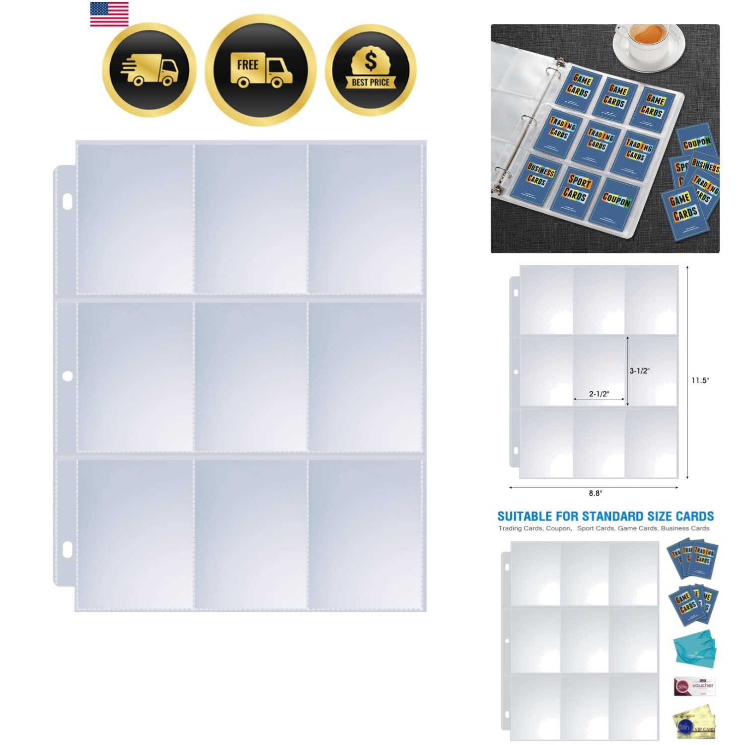 36 Pack 9 Pocket Page Protectors, Trading Card Sleeves for 3 Ring Binder, Bas…