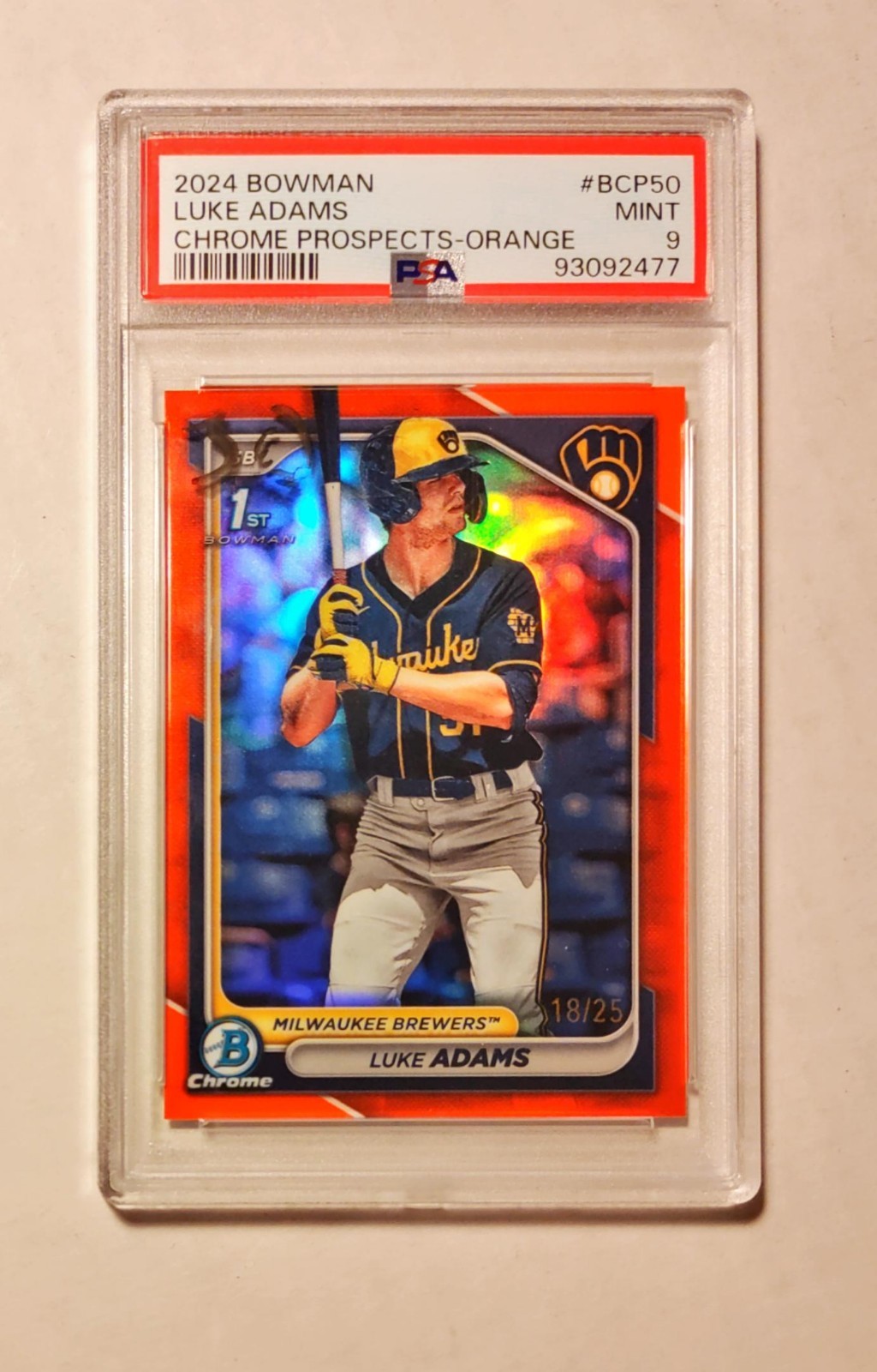 Luke Adams 2024 1st Bowman Chrome ORANGE REFRACTOR /25 PSA 9 #BCP-50 Brewers z3