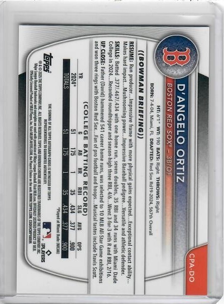 2025 Bowman Chrome Prospect Autographs D’Angelo Ortiz Gold Shimmer Refractor /50