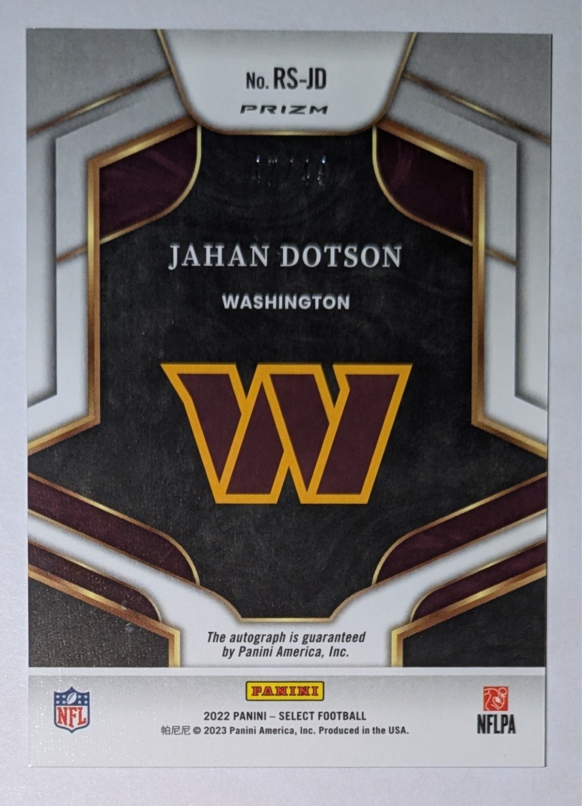 2022 Panini Select – Rookie Signatures Jahan Dotson #RS-JD Light Blue Prizm /49