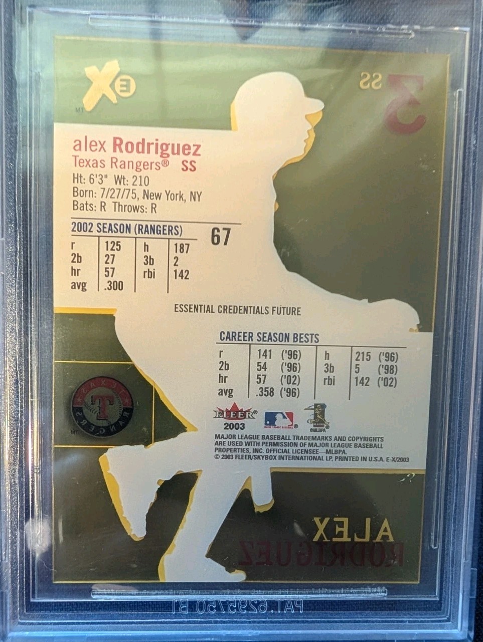 2003 E-x #67 Alex Rodriguez Essential Credentials Future No Serial BGS 9.5 Pop 2
