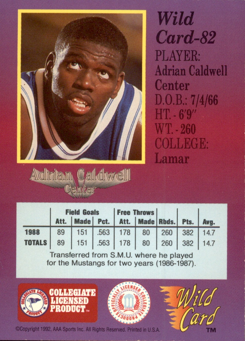 1991-92 Wild Card Adrian Caldwell #82 AAA Sports 1st Edition