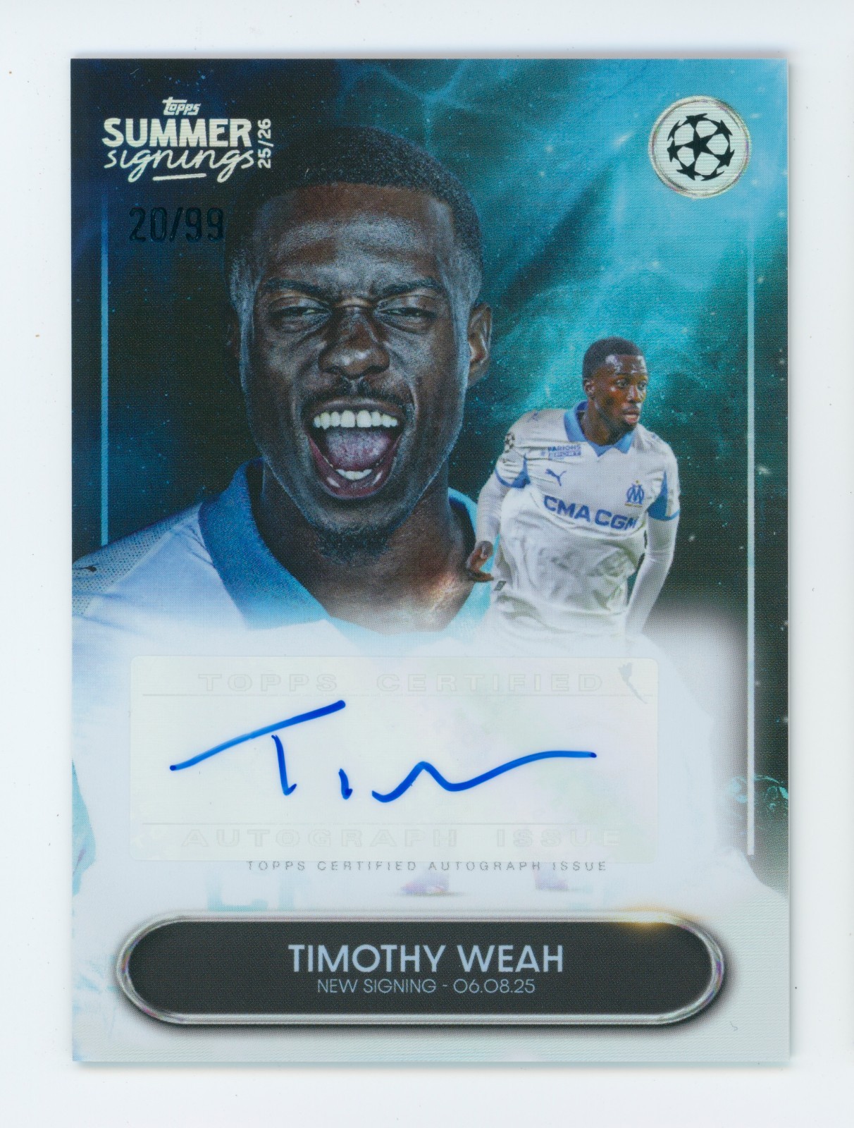 2025-26 Timothy Weah Topps Summer Signings Blue Autographed Soccer Card 20/99