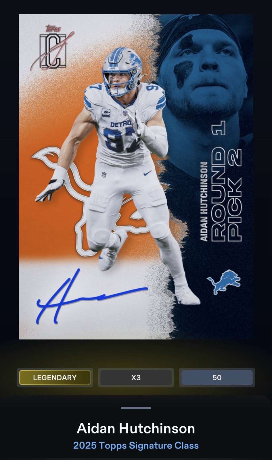 Aidan Hutchinson Orange 50cc Signature Class Legendary Topps NFL Collect DIGITAL