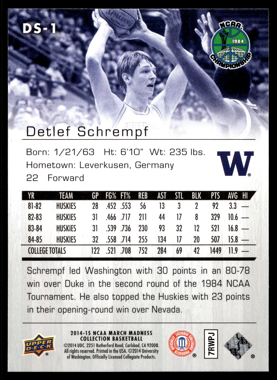 2014-15 Upper Deck NCAA March Madness Detlef Schrempf #DS-1 Washington Huskies