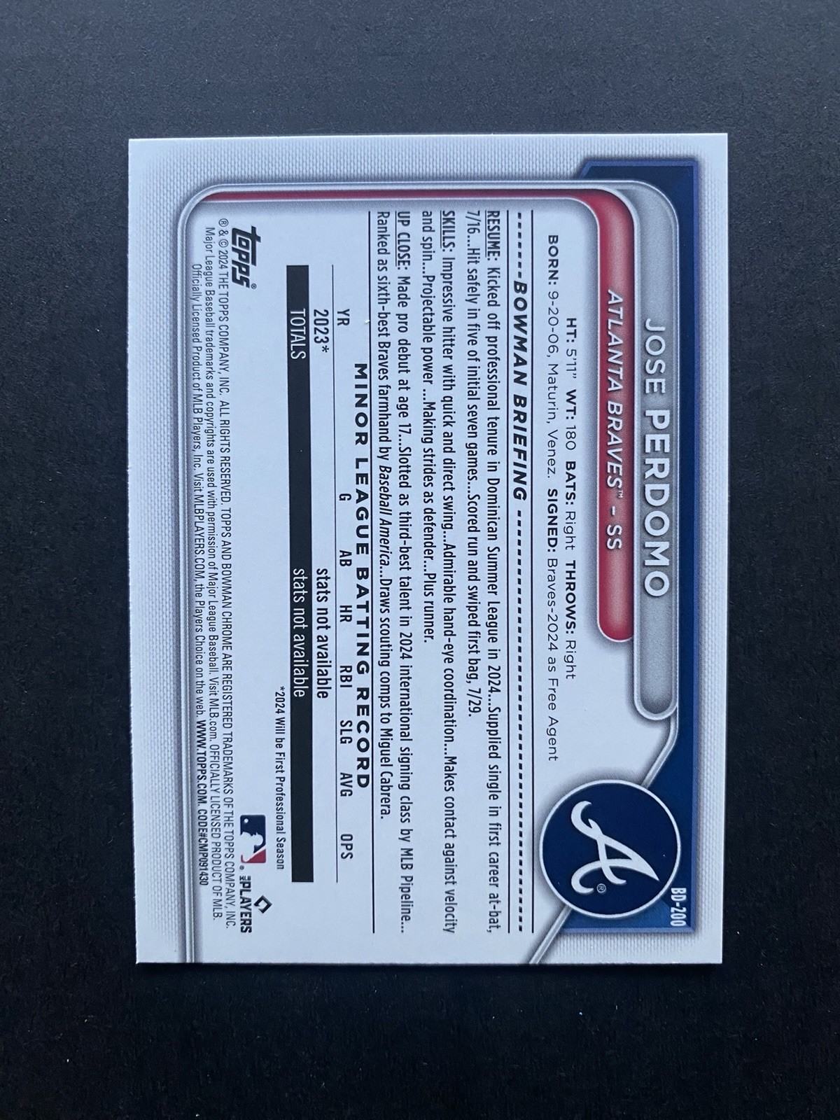 2024 Bowman Draft – Jose Perdomo #BD-200 Blue /150 (RC)