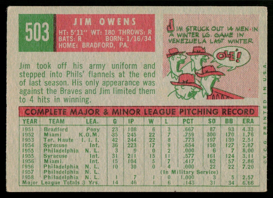1959 Topps Jim Owens Philadelphia Phillies #503