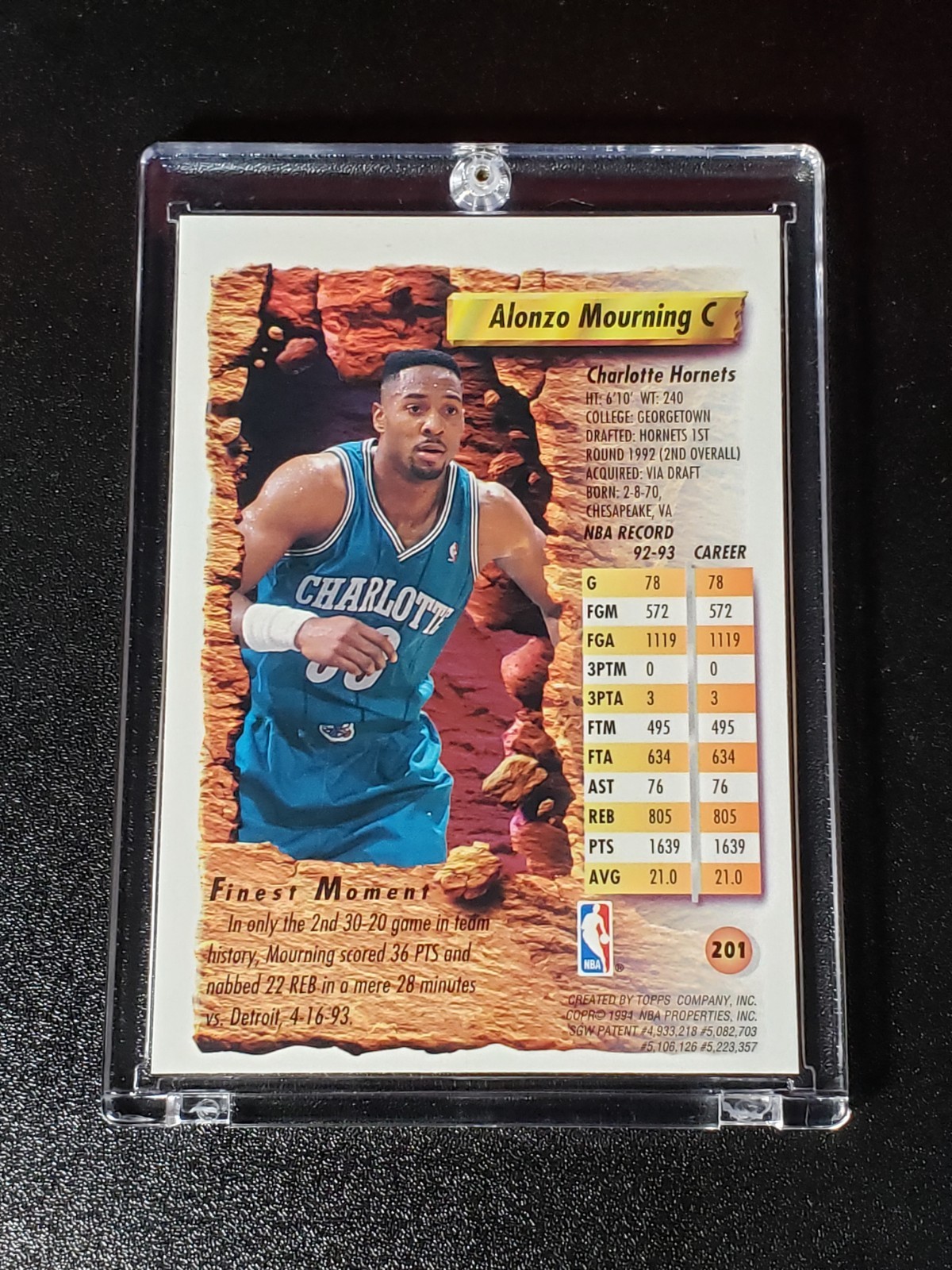 ALONZO MOURNING 1993-94 FINEST REFRACTORS #201 🔥 CHARLOTTE W/PROTECTIVE CASE