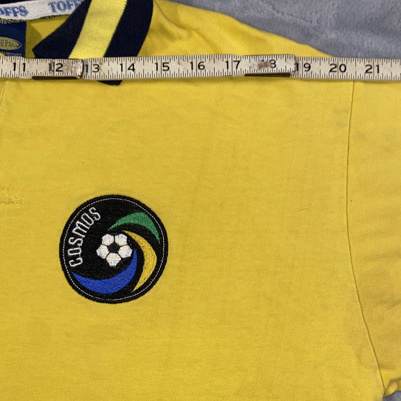New York Cosmos Retro Rep Football Soccer Toffs Mens Large Yellow Polo Shirt EUC