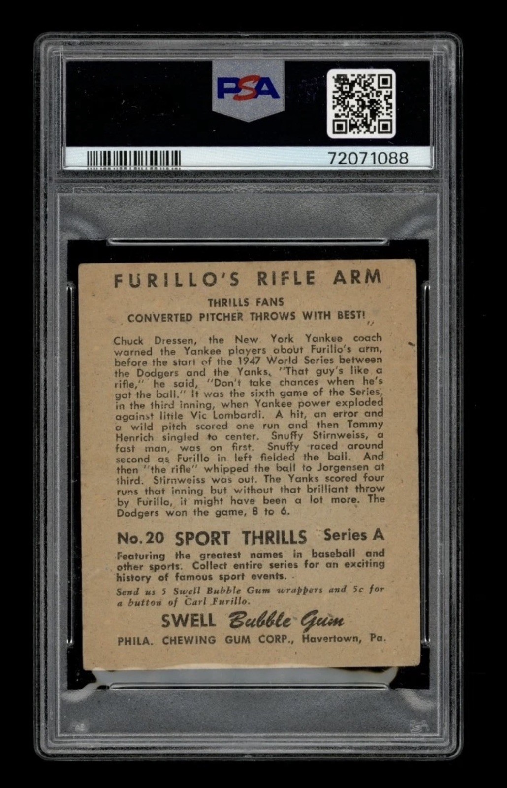 1948 Swell Sports Thrills # 20 Rifle Arm Carl Furillo