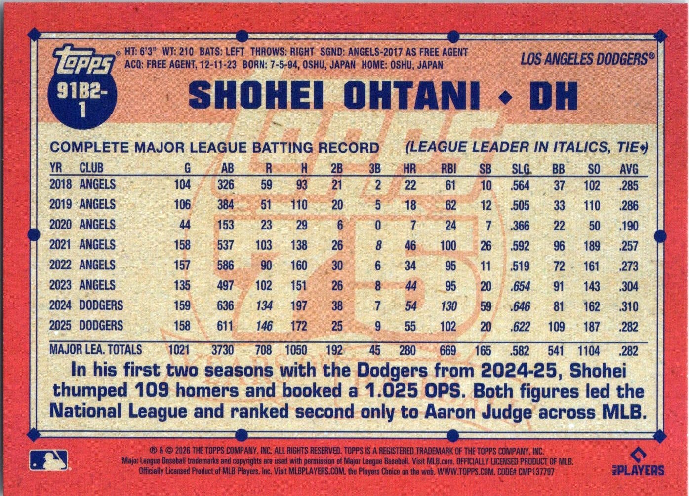 2026 Topps Series 2 #91B2-1 Shohei Ohtani – Los Angeles Dodgers