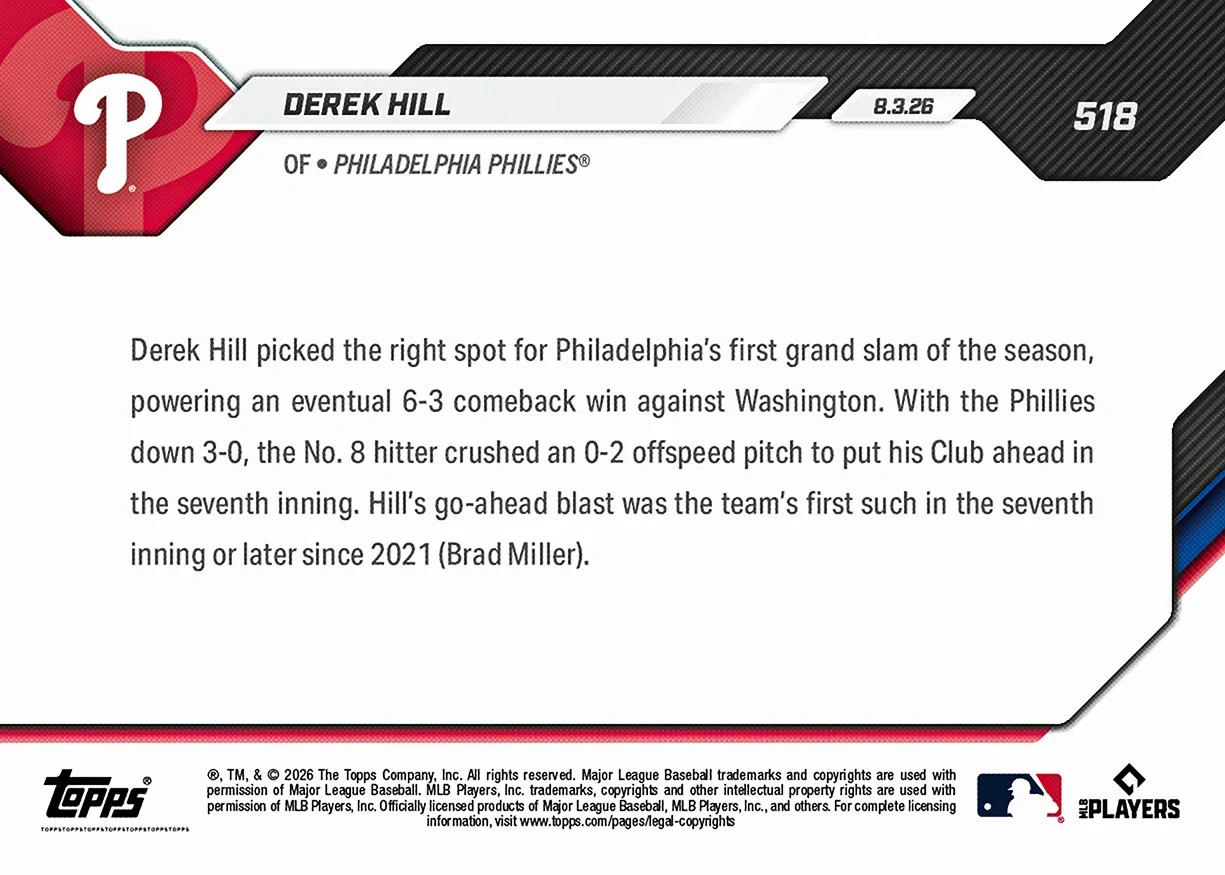 2026 Topps NOW #518 Derek Hill Grand Slam Philadelphia Phillies Presale Walk-Off