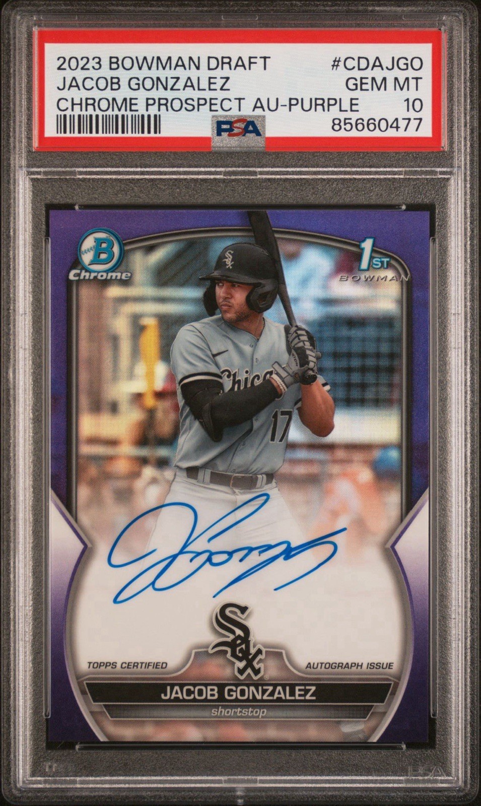 2023 Bowman Draft Jacob Gonzalez Purple Refractor Auto */250 PSA 10