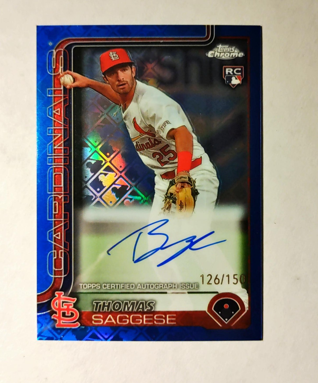 Thomas Saggese 2025 Topps Chrome RC AUTO BLUE REFRACTOR 126/150 Logofractor z40