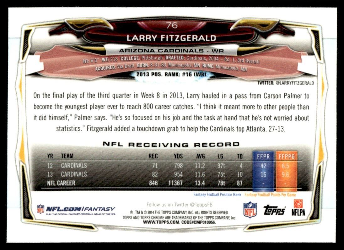 2014 Topps Chrome Refractor Larry Fitzgerald #76